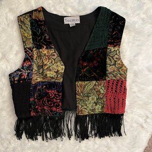 TANGIBLES Vintage Patchwork Velvet Tapestry Fringe Vest